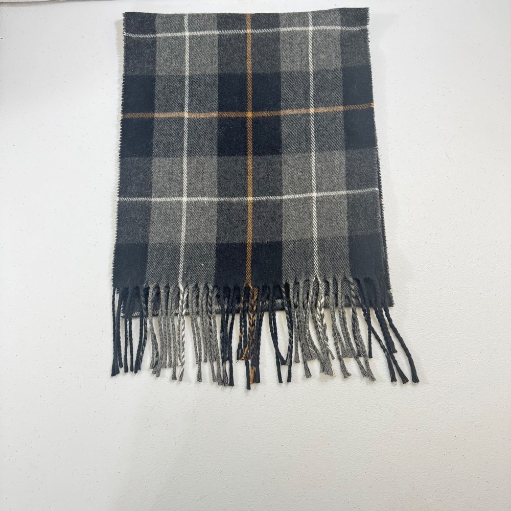Made in Italy Grey Plaid Acrylic Fringe Scarf Black White Orange Accent‎